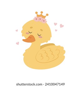 Pato. Ilustración vectorial de pájaro. Pato en una corona sobre un fondo blanco de estilo plano. Princesa