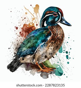 Duck bird watercolor paint, Duck from a splash of watercolor, colored drawing, realistic. Vector illustration of paints.