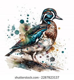 Duck bird watercolor paint, Duck from a splash of watercolor, colored drawing, realistic. Vector illustration of paints.