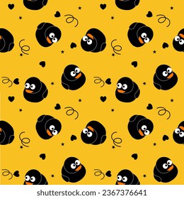 Duck black cartoon so cute. On heart star yellow background. Pattern seamless vector illustration. 