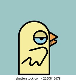 Duck with bored face. Original bored duck. Flat vector illustration isolated on sky blue background
