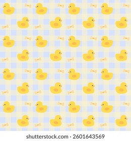 duck , bow on blue background , yellow grid,fabric pattern , gift wrap , seamless pattern