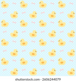 Duck , Bow on blue background , Fabric pattern , Wrapping paper , Seamless pattern