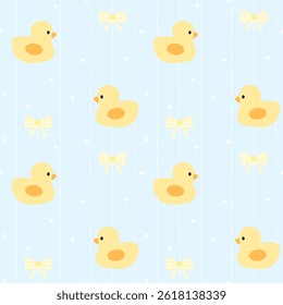 Duck, Bow on blue background, Fabric pattern, Gift wrapping paper , seamless pattern 