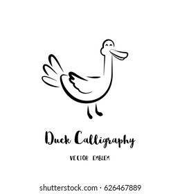 Duck calligraphy emblem. Vector abstract animal sign in lettering style