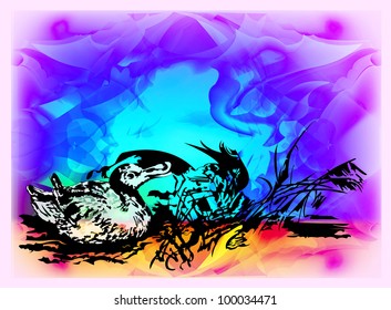 Duck in canes. Vector illustration of the nature. EPS 10