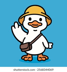 Duck, cartoon, blue, background, yellow, hat, brown, satchel, waving, orange, beak, feet, friendly, cute, mascot, character.