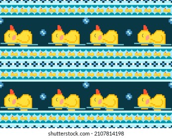 Duck cartoon character seamless pattern on blue background.Pixel style