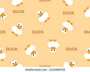 Duck cartoon character seamless pattern on orange background.Pixel style