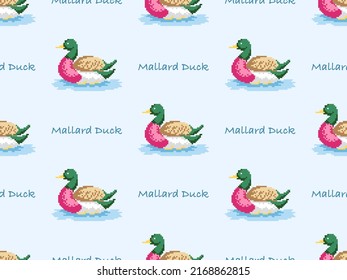 Duck cartoon character seamless pattern on blue background. Pixel style