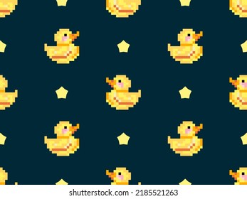 Duck cartoon character seamless pattern on blue background. Pixel style