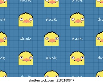 Duck cartoon character seamless pattern on blue background. Pixel style