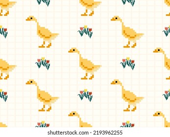 Duck cartoon character seamless pattern on yellow background. Pixel style