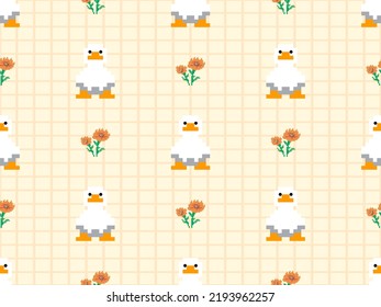 Duck cartoon character seamless pattern on yellow background. Pixel style