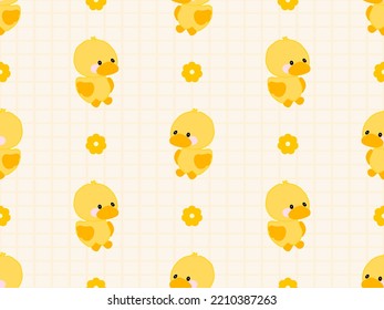 Duck cartoon character seamless pattern on yellow background