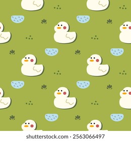 Duck cartoon so cute. On flower swamp green background. Pattern seamless vector illustration. 