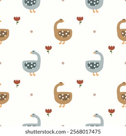 Duck cartoon so cute. On flower polka dot white background. Pattern seamless vector illustration. 
