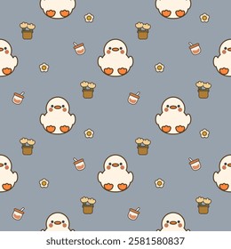 Duck cartoon so cute. On flower drinks background. Pattern seamless vector illustration. 