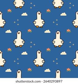 Duck cartoon so cute. On flower cloud star blue background. Pattern seamless vector illustration. 