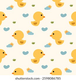 Duck cartoon so cute. On swamp sun cloud grass background. Pattern seamless vector illustration. 