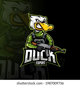 Duck cartoon mascot logo design vector with modern illustration concept style for badge, emblem and t shirt printing. Angry duck brings AK-47 rifle for team, e sport or gaming
