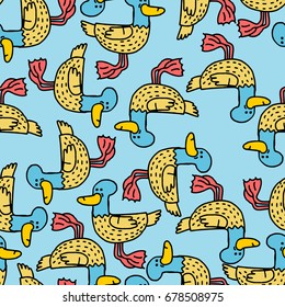 Duck cartoon pattern. Drake drawing ornament. Bird background