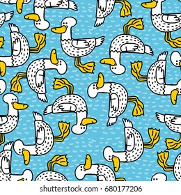 Duck cartoon pattern. Drake drawing ornament. Bird background
