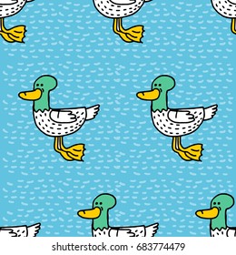 Duck cartoon pattern. Drake drawing ornament. Bird background