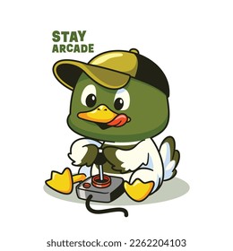 Duck cartoon playing arcade games retro vector design illustration with text