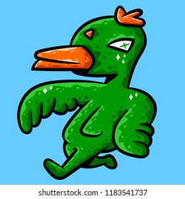 Duck. Cartoon running green duck on blue background isolated. Stock Vector Illustration. Cartoon style.