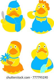 Duck cartoon set blue. Sick Crying Duck. Duck with flower. Lady duck.