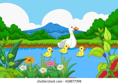 duck cartoon swimming in lake with landscape background