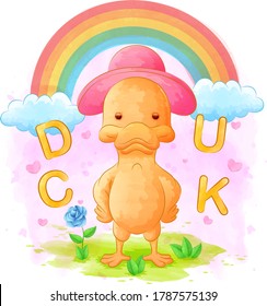Duck cartoon with watercolor, rainbow and flower backgrounds