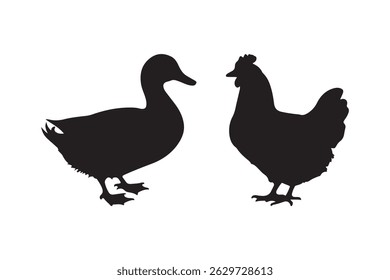 Duck and Chicken Silhouette Vector Illustration Farm Animal Clipart