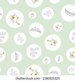 Duck in circles, running, doodles and feathers, seamless repeat vector, surface pattern desing