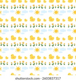 Duck, Cloud, Flower, Sun on white Background, Fabric Pattern, Wrapping Paper, Seamless Pattern