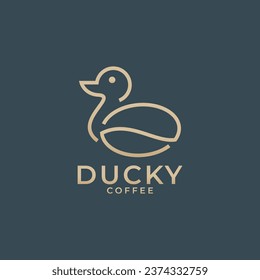 Duck and Coffee Bean Logo design vector template Linear style. Outline Cafe Logotype concept.