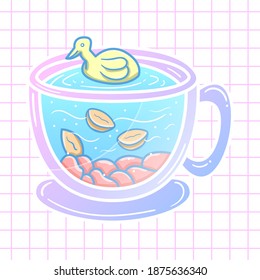 Duck and coffee glass. Kawaii illustration. Chibi illustration. Vector flat illustration