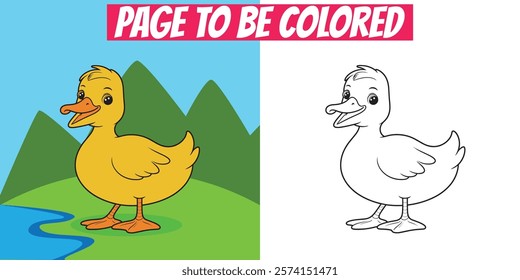 Duck coloring element with a simple black-and-white outline and colored version. Ideal for kids’ art, books, and preschool use.