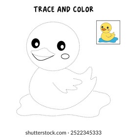 Duck coloring pages for kids. Trace and color duck. A cute duck animals vector. Duck outline. Coloring book for kids. Kindergarten and preschool worksheets printable for kids. Farm animals.