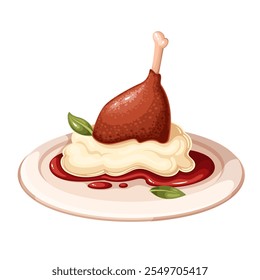 Confitura de pato, plato de dibujos animados francés. Confit de canard en plato, pierna de ave cocida con puré de papa y salsa de arándanos. Cocina de Francia, mascota de la comida, Ilustración vectorial de comida gourmet de dibujos animados