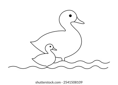 Duck continuous one line drawing with outline vector illustration