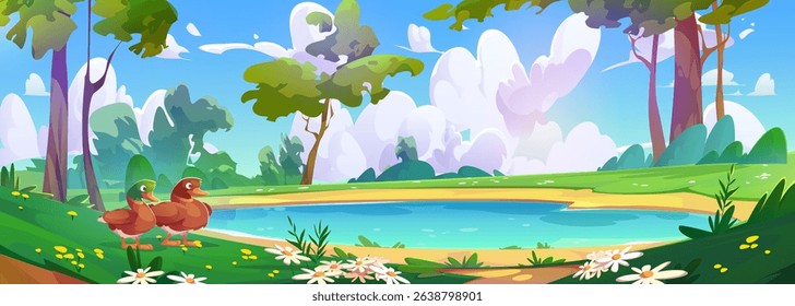 Duck couple stand by lake shore in forest with daisies bloom on grass meadow, tall trees surround blue water, fluffy clouds. Bright summer landscape with birds near peaceful pond for nature scenes.