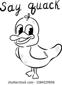 Duck cute cartoon character vector isolated illustration and lettering on white background . Concept for print, web design, cards , logo , label 