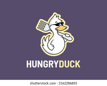 duck cute cartoon with fork. food logo mascot