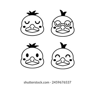 duck cute face animal happy smile cartoon drawing character icon vector design simple black white illustration collections sets