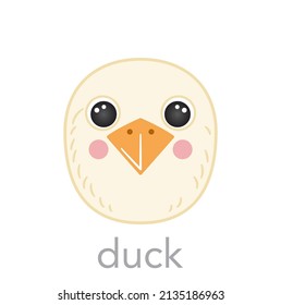 Duck Cute portrait with name text smile head cartoon round shape avatar bird animal face, isolated vector icon illustrations on white background. Flat simple for UI app kids poster, cards, t-shirts