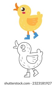 Duck cute vector illustration cartoon isolated on white background. Duckling vector colored and colorless. Cute coloring page for kids. 