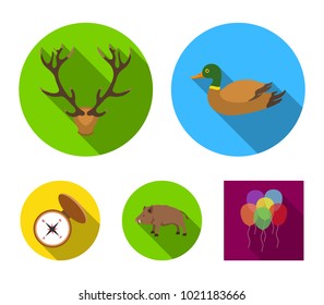 Duck, deer antlers, compass, wild boar.Hunting set collection icons in flat style vector symbol stock illustration web.