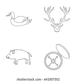 Duck, deer antlers, compass, wild boar.Hunting set collection icons in outline style vector symbol stock illustration web.